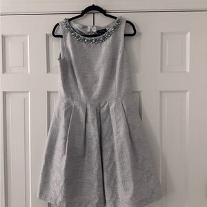 Tahari Gray Silver Embellished Pleated Fit and Flare Dress